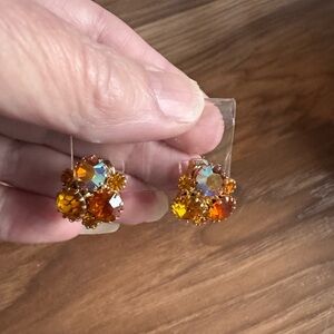 Elegant vintage Gold and Orange Crystal Cluster clip on Earrings